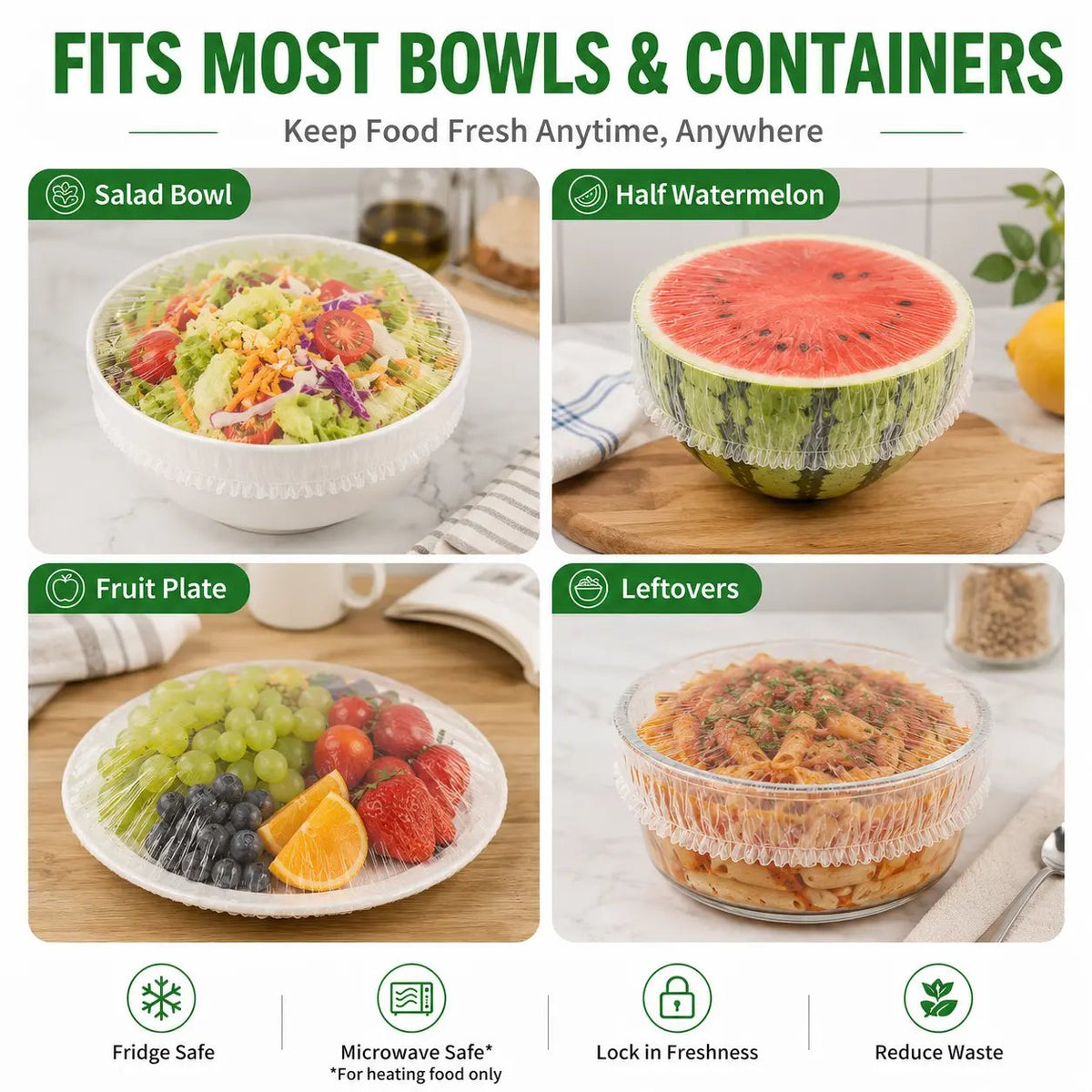 🥗 The 1-Second Plastic Wrap Alternative: 100PCS Stretch Food Covers | Elastic Bowl & Plate Lids — Stretch, Cover, Done | Never Tear, Tangle, or Stick Again