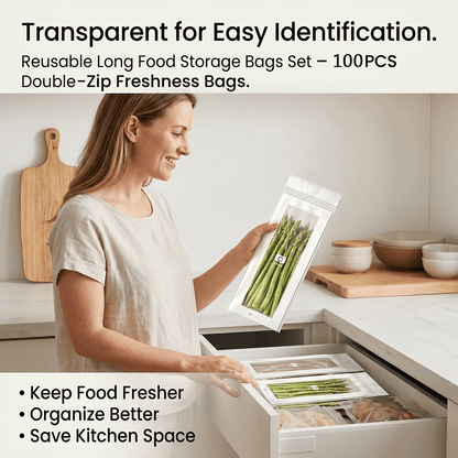 🥬 49% OFF Limited Offer🔥Reusable Long Food Storage Bags, Double-Zip Seal Freshness Bags for Kitchen