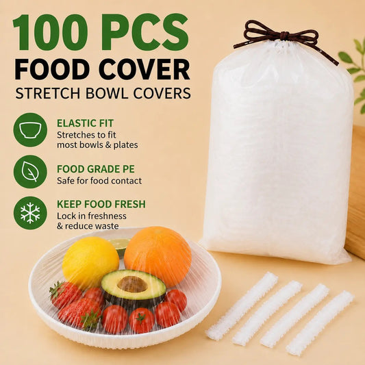 🥗 The 1-Second Plastic Wrap Alternative: 100PCS Stretch Food Covers | Elastic Bowl & Plate Lids — Stretch, Cover, Done | Never Tear, Tangle, or Stick Again