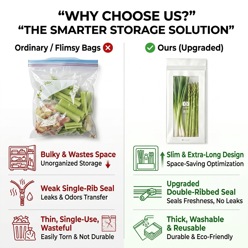 🥬 49% OFF Limited Offer🔥Reusable Long Food Storage Bags, Double-Zip Seal Freshness Bags for Kitchen