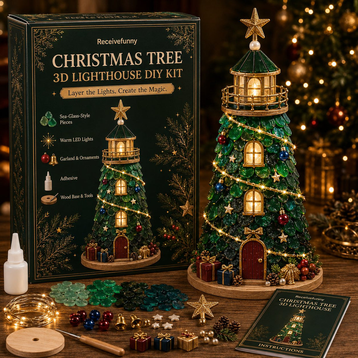 🔥Last 100pcs🔥Beginner-Friendly DIY Lighted Christmas Character Sea Glass-Style Lighthouse Kit Collection | Complete Kit with Sea Glass-Style Pieces, LED Lights & Step-by-Step Guide Included 💕