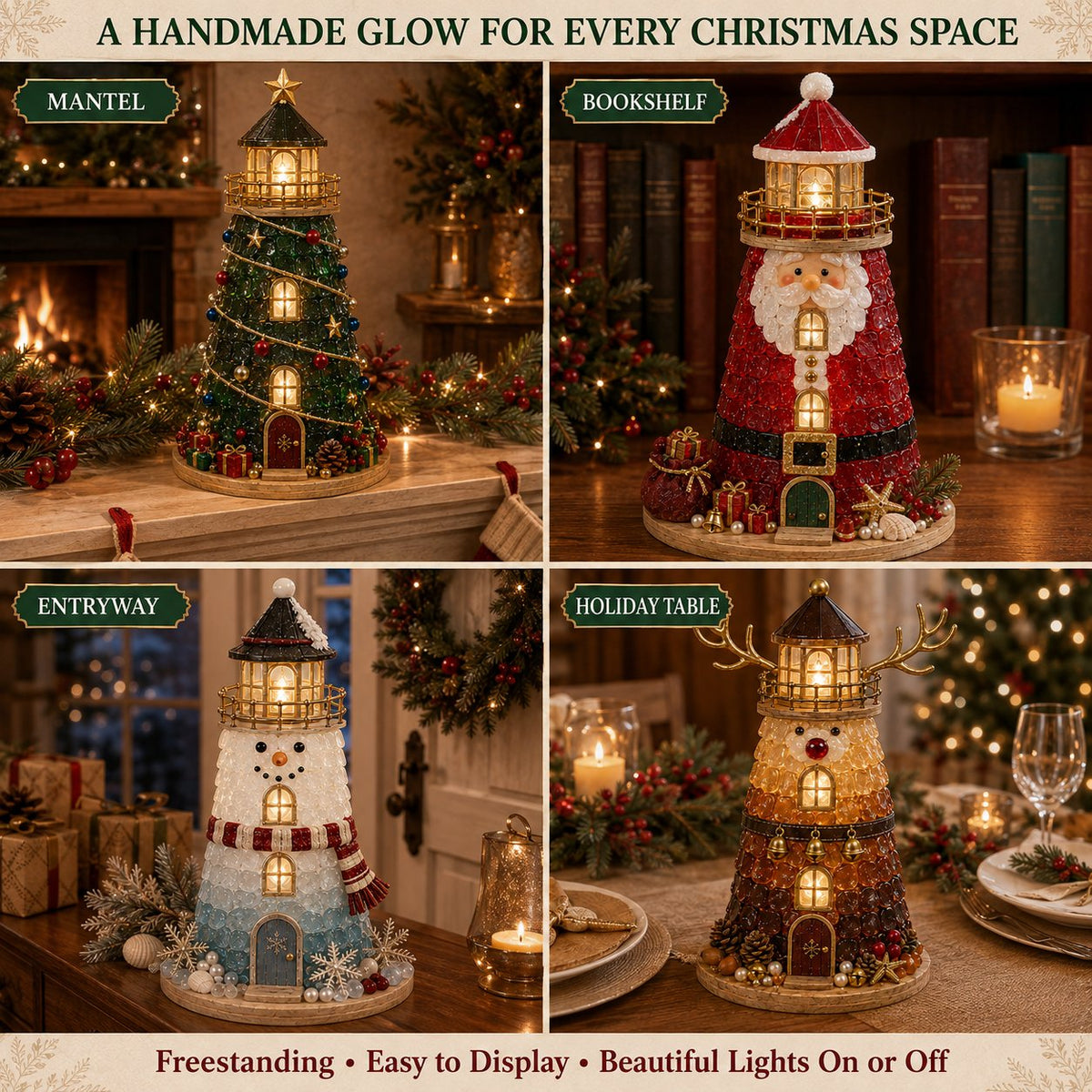 🔥Last 100pcs🔥Beginner-Friendly DIY Lighted Christmas Character Sea Glass-Style Lighthouse Kit Collection | Complete Kit with Sea Glass-Style Pieces, LED Lights & Step-by-Step Guide Included 💕