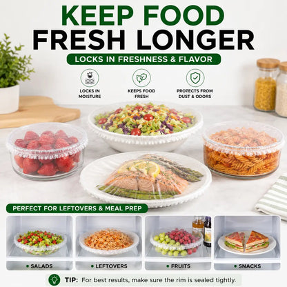 🥗 The 1-Second Plastic Wrap Alternative: 100PCS Stretch Food Covers | Elastic Bowl & Plate Lids — Stretch, Cover, Done | Never Tear, Tangle, or Stick Again