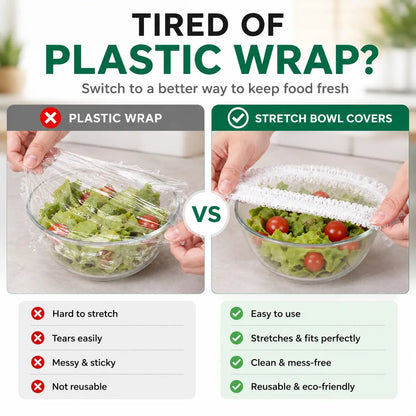 🥗 The 1-Second Plastic Wrap Alternative: 100PCS Stretch Food Covers | Elastic Bowl & Plate Lids — Stretch, Cover, Done | Never Tear, Tangle, or Stick Again
