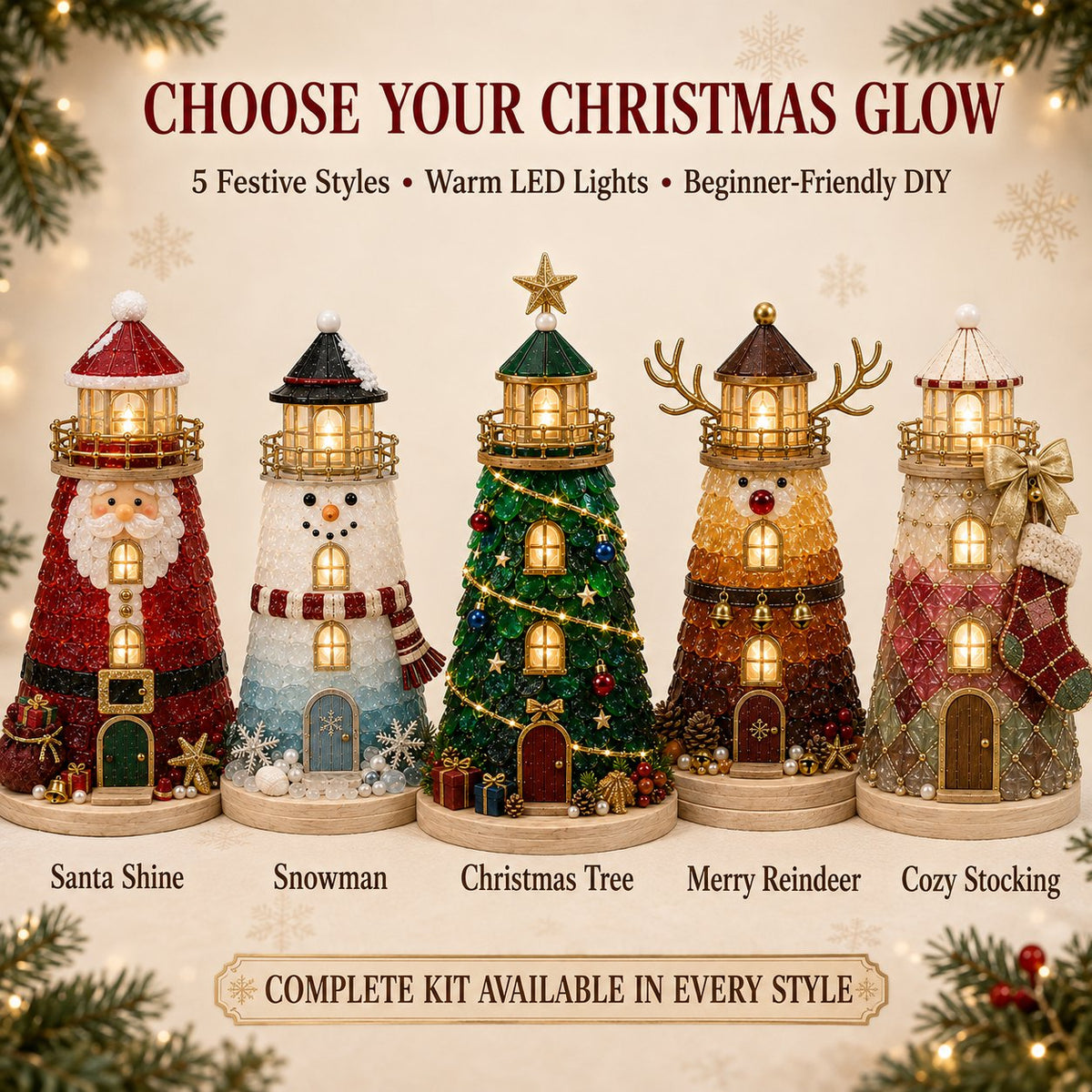 🔥Last 100pcs🔥Beginner-Friendly DIY Lighted Christmas Character Sea Glass-Style Lighthouse Kit Collection | Complete Kit with Sea Glass-Style Pieces, LED Lights & Step-by-Step Guide Included 💕