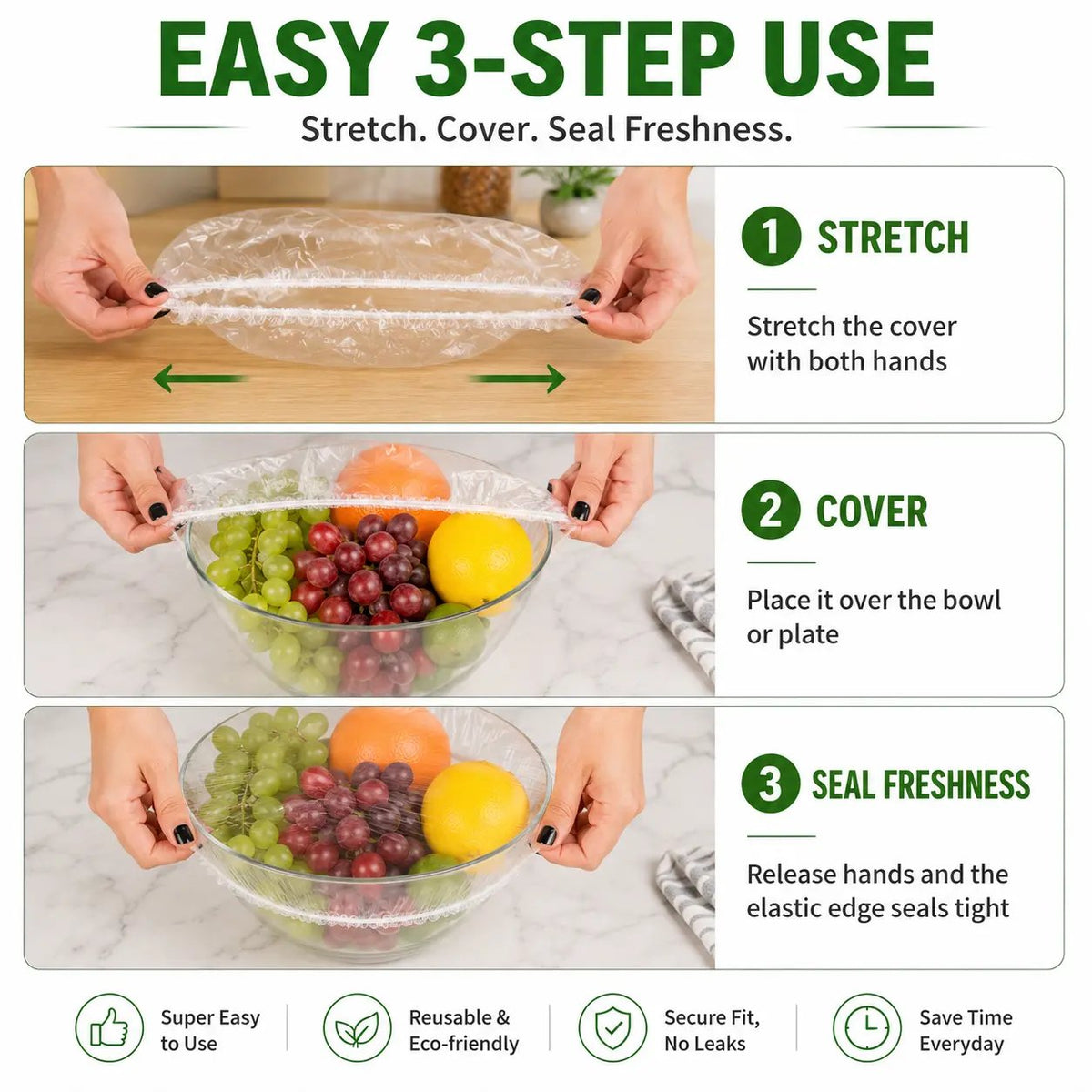 🥗 The 1-Second Plastic Wrap Alternative: 100PCS Stretch Food Covers | Elastic Bowl & Plate Lids — Stretch, Cover, Done | Never Tear, Tangle, or Stick Again
