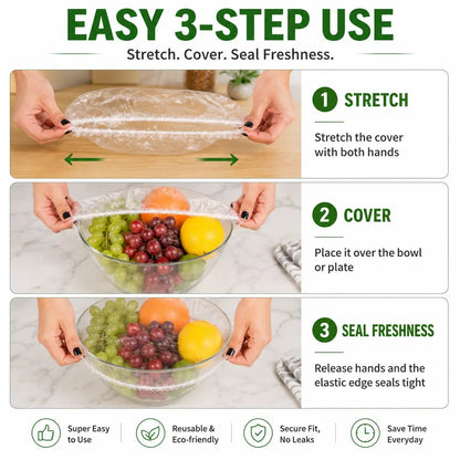 🥗 The 1-Second Plastic Wrap Alternative: 100PCS Stretch Food Covers | Elastic Bowl & Plate Lids — Stretch, Cover, Done | Never Tear, Tangle, or Stick Again