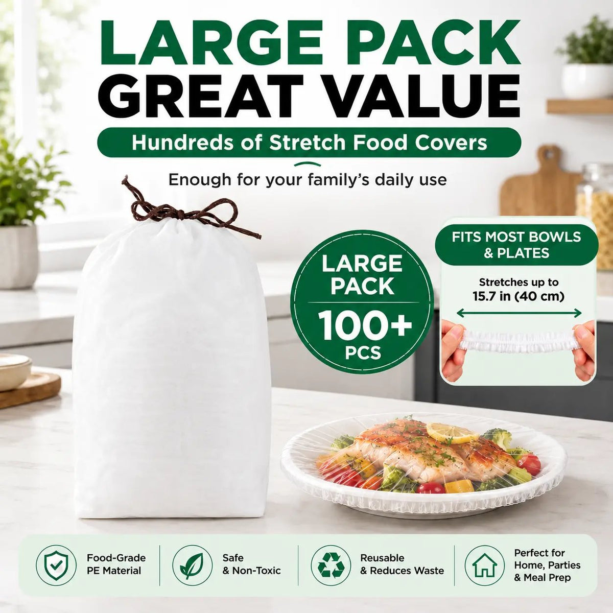 🥗 The 1-Second Plastic Wrap Alternative: 100PCS Stretch Food Covers | Elastic Bowl & Plate Lids — Stretch, Cover, Done | Never Tear, Tangle, or Stick Again