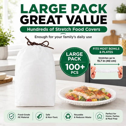 🥗 The 1-Second Plastic Wrap Alternative: 100PCS Stretch Food Covers | Elastic Bowl & Plate Lids — Stretch, Cover, Done | Never Tear, Tangle, or Stick Again