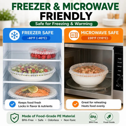 🥗 The 1-Second Plastic Wrap Alternative: 100PCS Stretch Food Covers | Elastic Bowl & Plate Lids — Stretch, Cover, Done | Never Tear, Tangle, or Stick Again