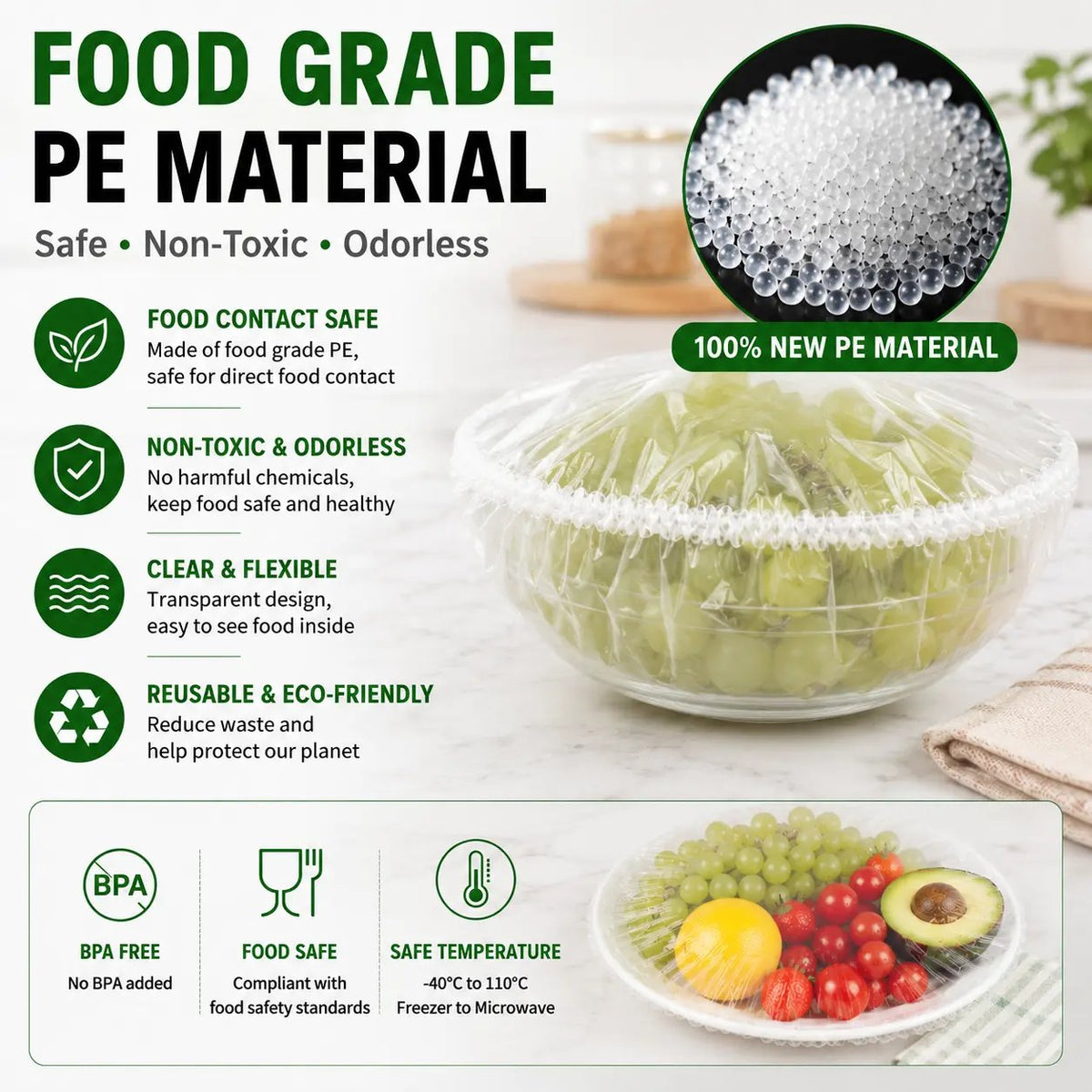 🥗 The 1-Second Plastic Wrap Alternative: 100PCS Stretch Food Covers | Elastic Bowl & Plate Lids — Stretch, Cover, Done | Never Tear, Tangle, or Stick Again