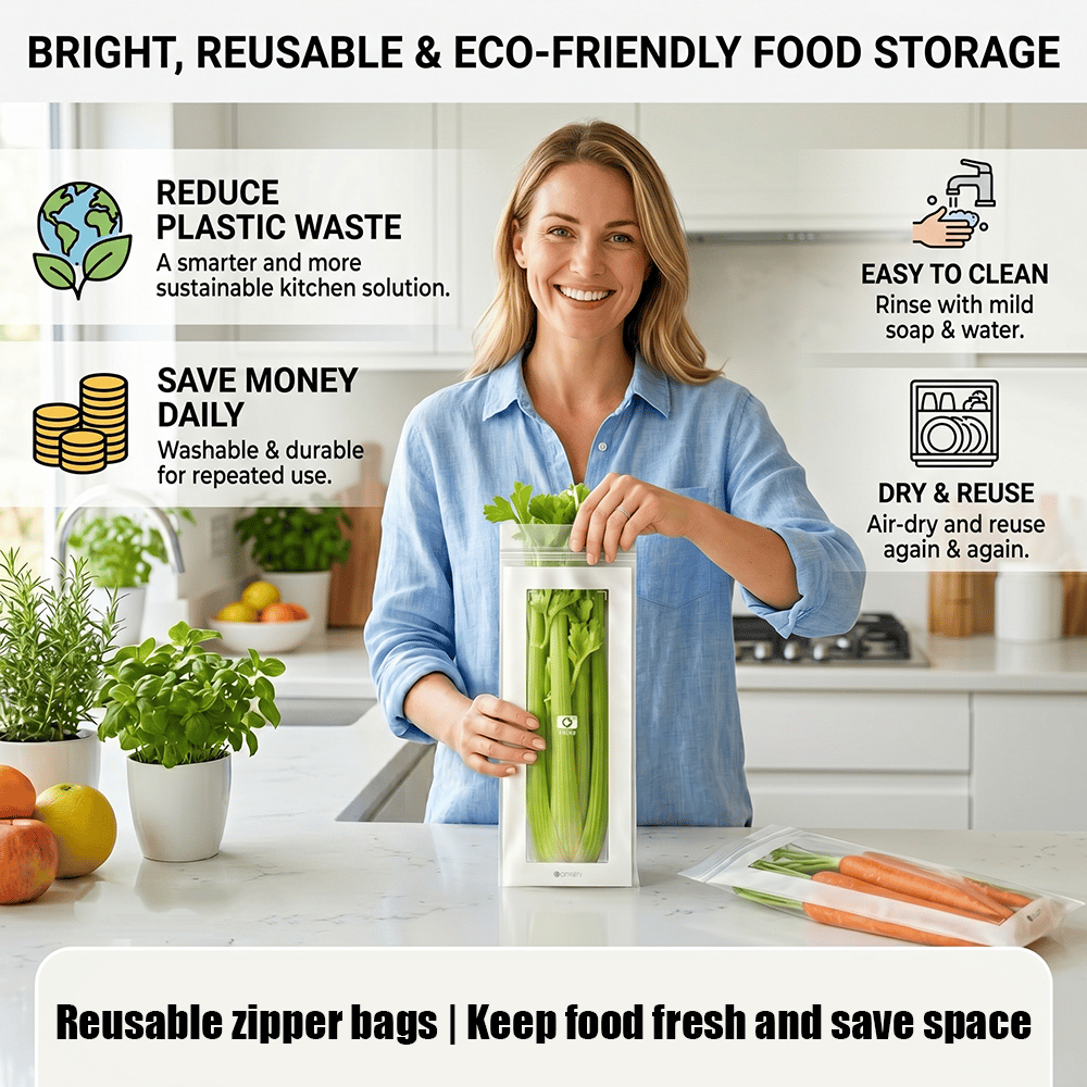 🥬 49% OFF Limited Offer🔥Reusable Long Food Storage Bags, Double-Zip Seal Freshness Bags for Kitchen