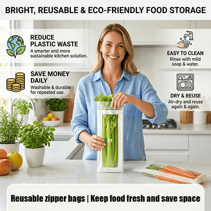 🥬 49% OFF Limited Offer🔥Reusable Long Food Storage Bags, Double-Zip Seal Freshness Bags for Kitchen